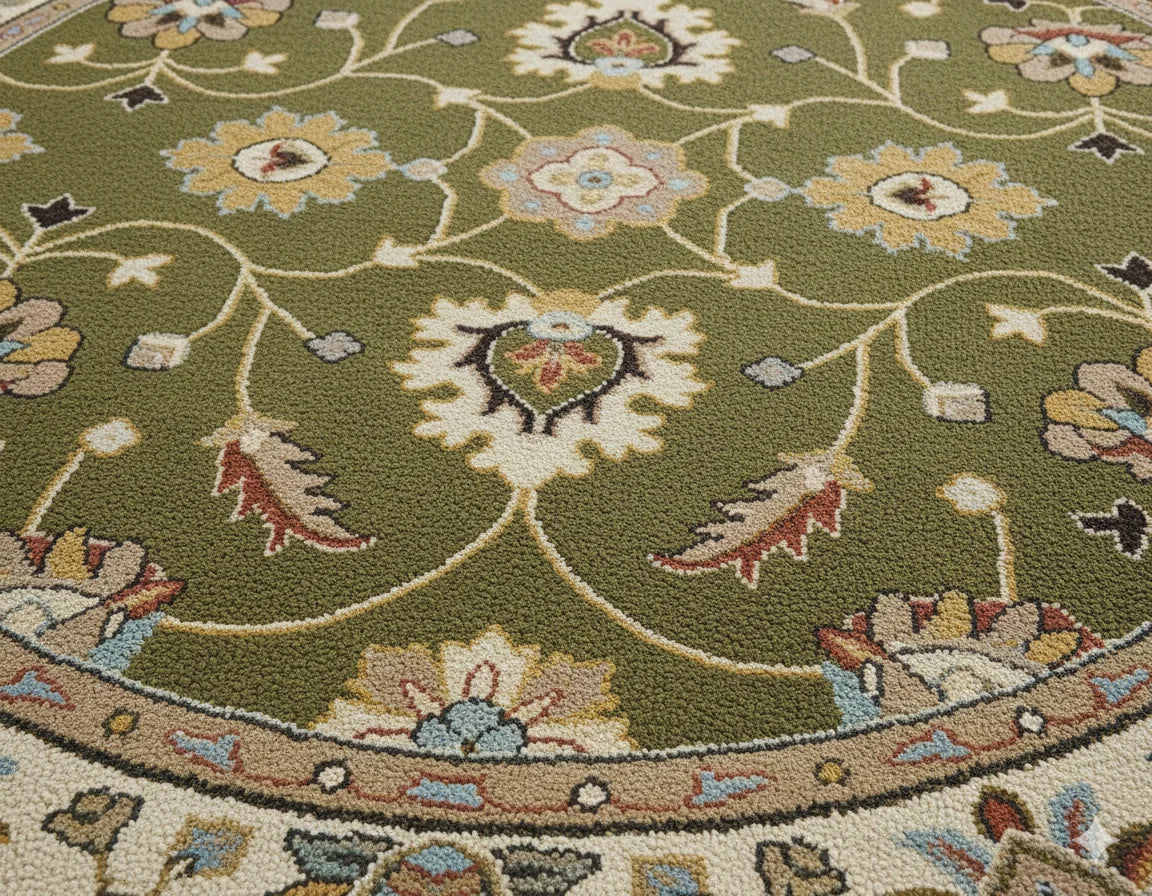 Luxury Round Green Area Rug – Floral Medallion Design Carpet for Living Room & Bedroom