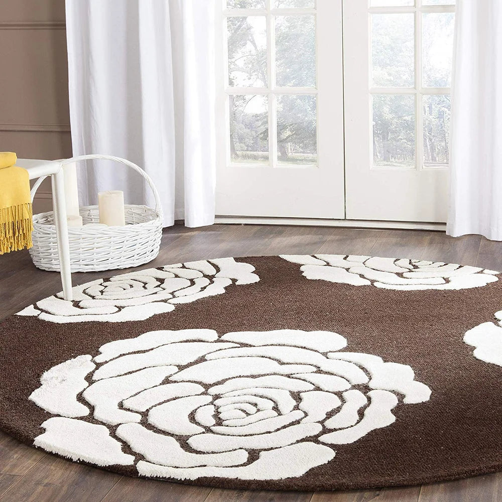 Elegant Brown & White Floral living room Round Area Rug – Soft & Durable Accent Carpet