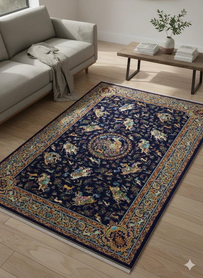 Deep Navy and Gold Traditional Area Rug | Intricate Antique Persian Design | Elegant Frieze Carpet