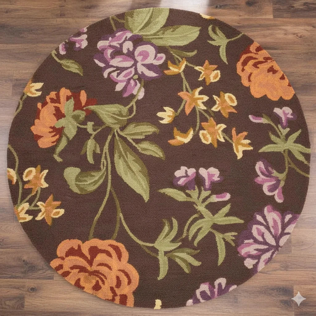 Bohemian Floral living room Round Area Rug | Warm Brown, Rust & Ivory Medallion Circle Carpet