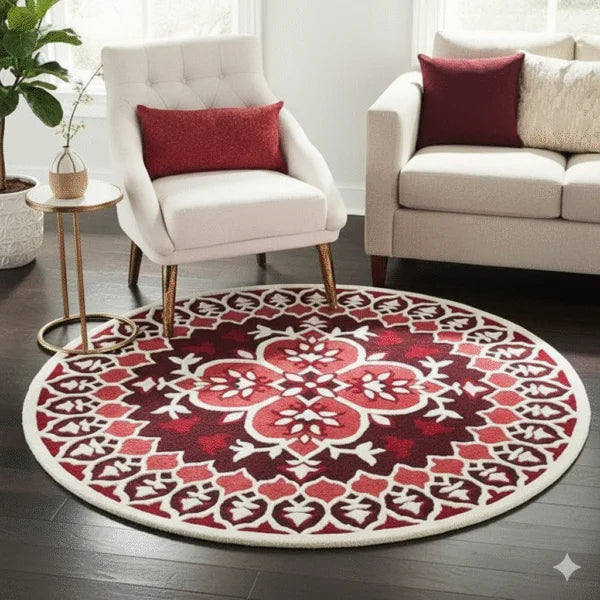 Charming Crimson Medallion Round Area Rug – Elegant Floral Design, Soft & Durable