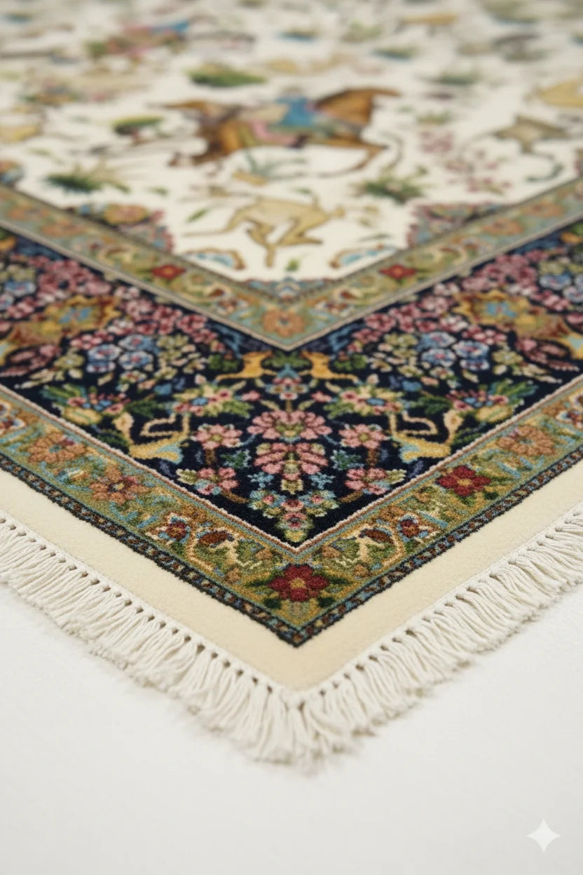 Intricate Hunting Scene Area Rug – Persian Style Medallion & Floral Border Carpet