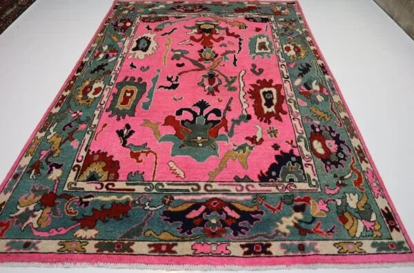 Hot Pink & Teal Hand-Knotted Wool Rug – Contemporary Bohemian Area Rug