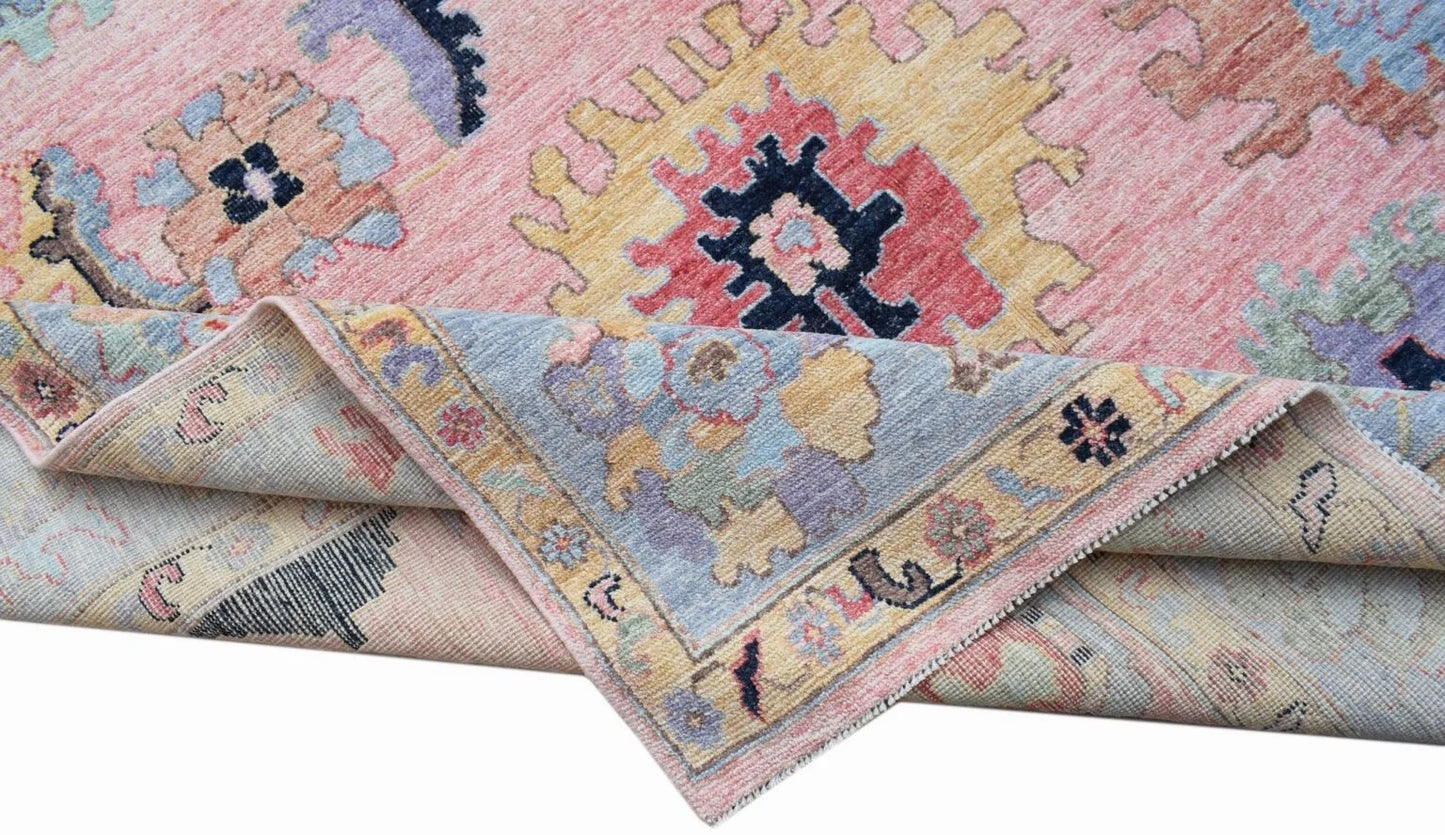 Hand-Knotted Contemporary Oushak Rug – Blush Pink & Sky Blue