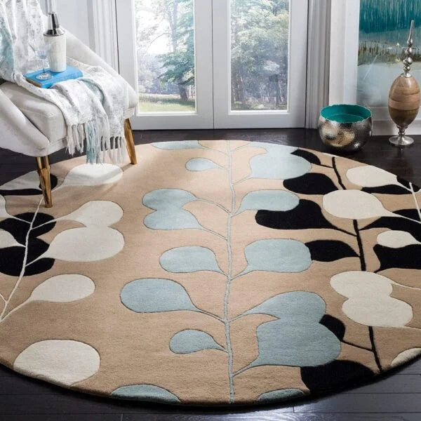 Mid-Century Modern Abstract Floral Round Area Rug | Hand-Tufted Wool Living Room Carpet
