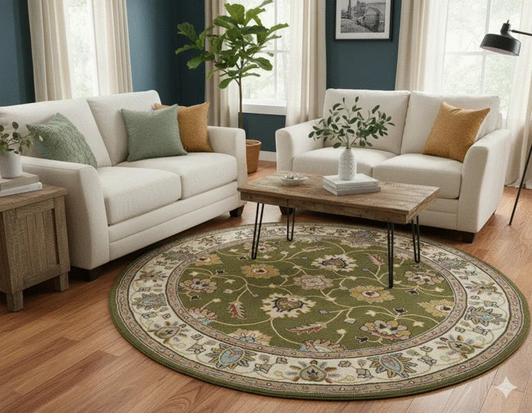 Luxury Round Green Area Rug – Floral Medallion Design Carpet for Living Room & Bedroom