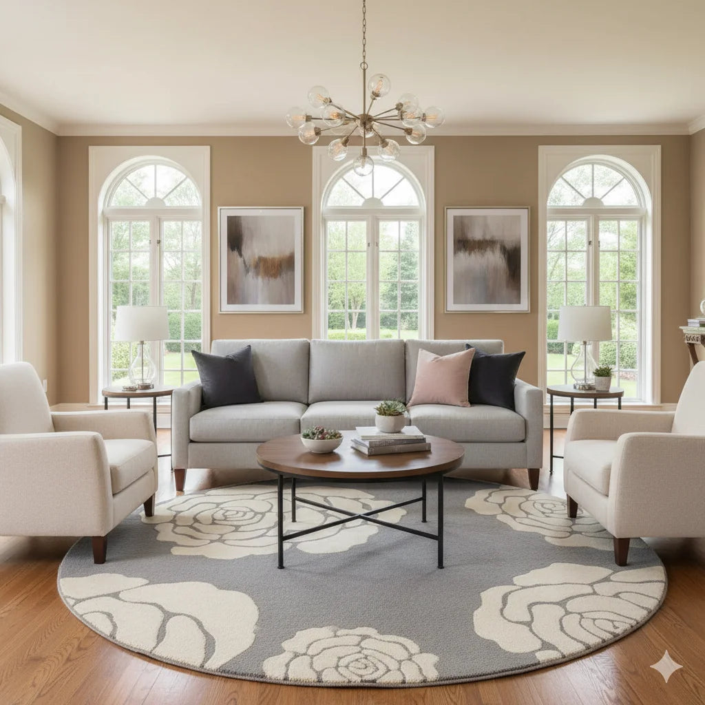 Modern Elegance Grey & Ivory Rose Round Area Rug-Elegant Rose Design Round Carpet – for Contemporary Spaces