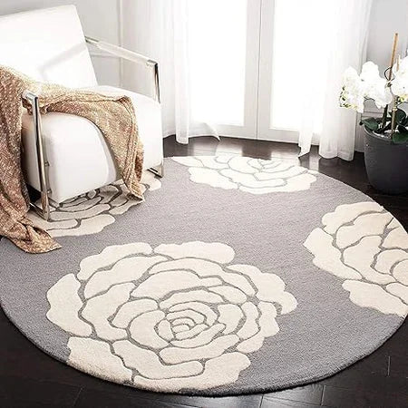 Modern Elegance Grey & Ivory Rose Round Area Rug-Elegant Rose Design Round Carpet – for Contemporary Spaces