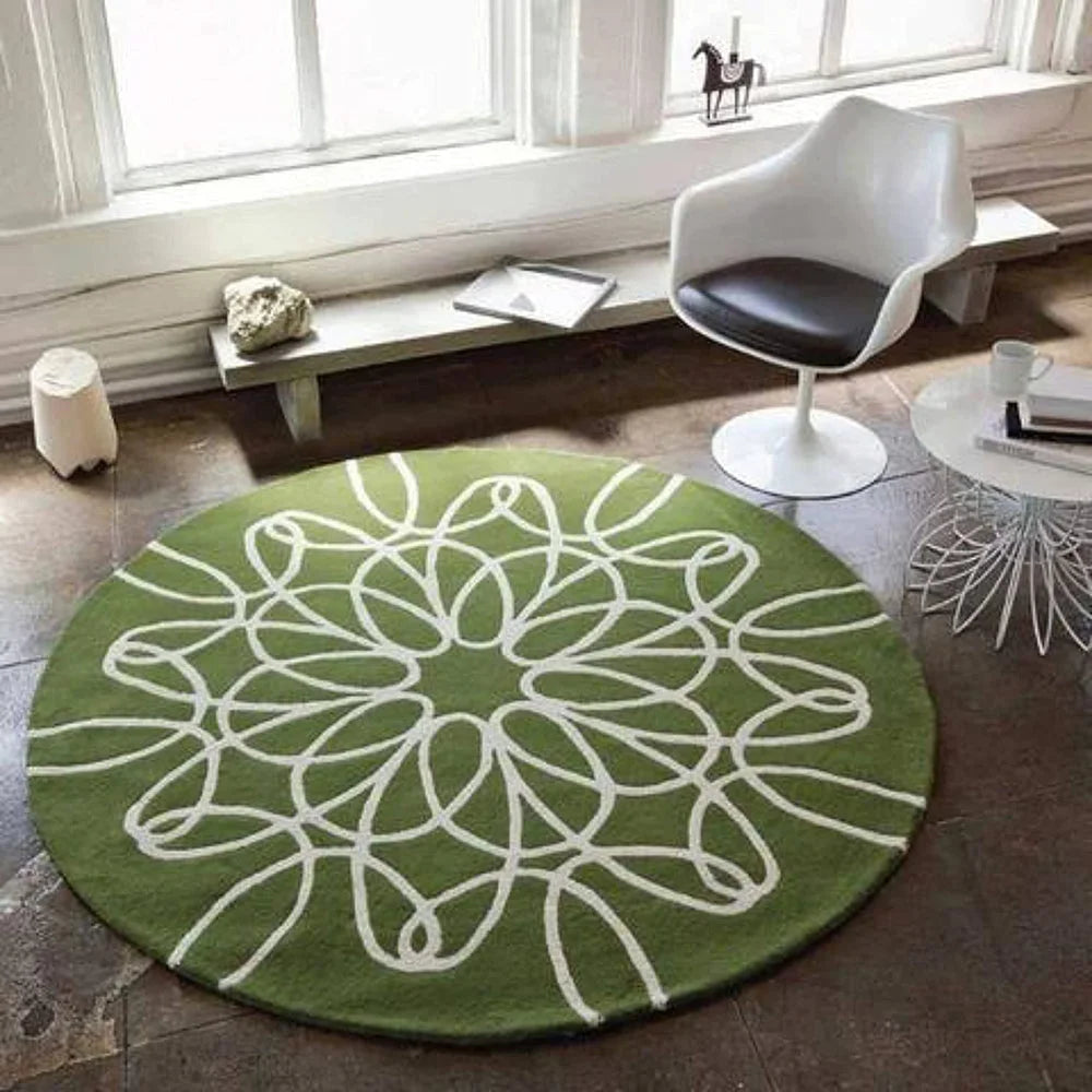 Modern Green Round Rug – Abstract Floral Looping Pattern, Lime Vibrant