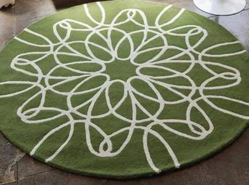 Modern Green Round Rug – Abstract Floral Looping Pattern, Lime Vibrant