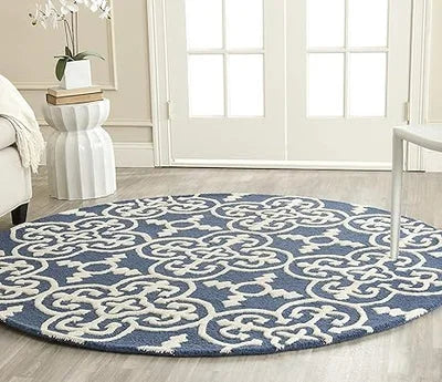 Bold Navy & Ivory Medallion living room Round Area Rug | Modern Geometric Trellis Design Carpet