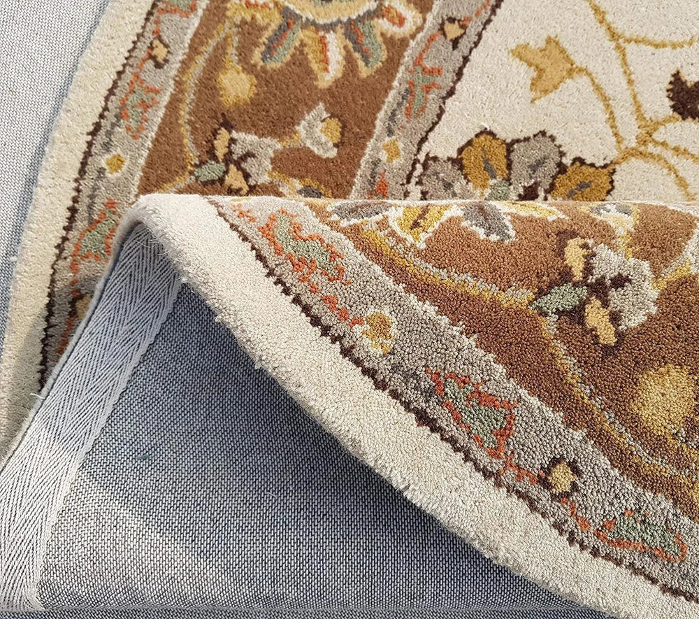 Modern Round Floral Area Rug – Yellow, Grey & Blue Pattern – Soft Living Room Carpet