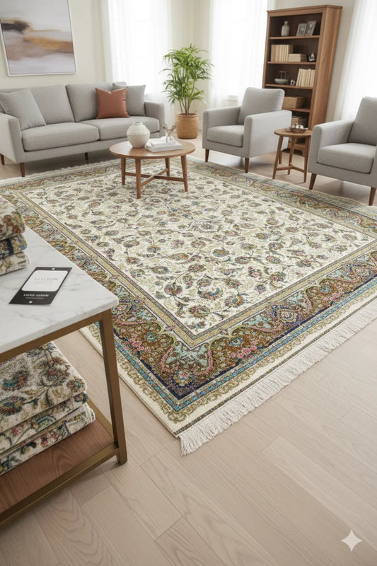 Vintage Style Ivory & Jewel Tone Floral Rug – Persian Inspired Pattern with Multi-Color Border