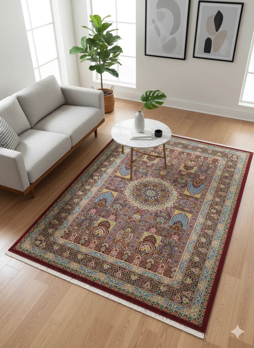 Luxury Traditional Persian Medallion Area Rug | Deep Red & Multi-Color | Non-Shedding, High-Density Weave