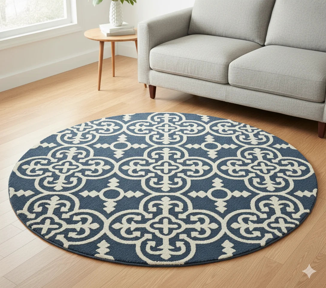 Bold Navy & Ivory Medallion living room Round Area Rug | Modern Geometric Trellis Design Carpet