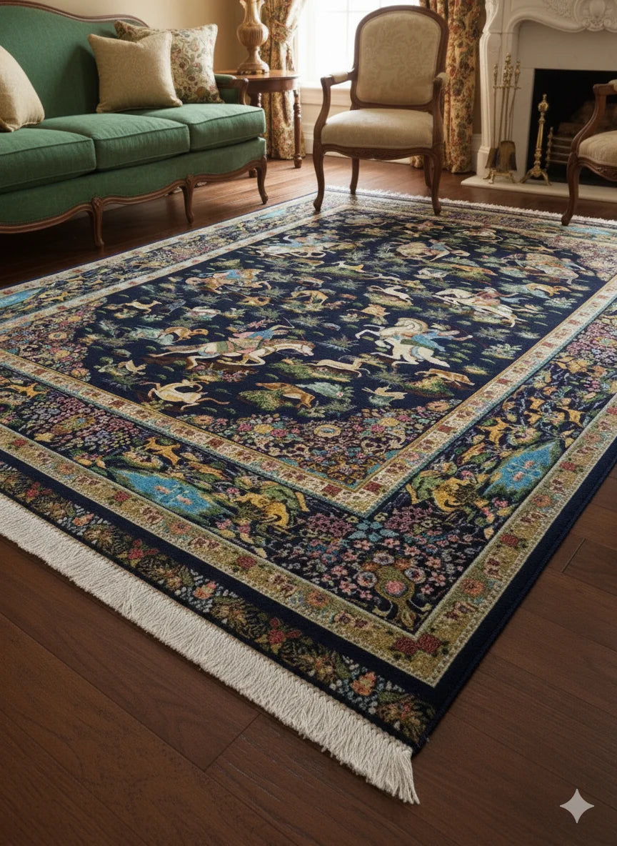 Persian-Inspired Hunting Scene Area Rug – Traditional Navy Blue & Multi-Color Masterpiece