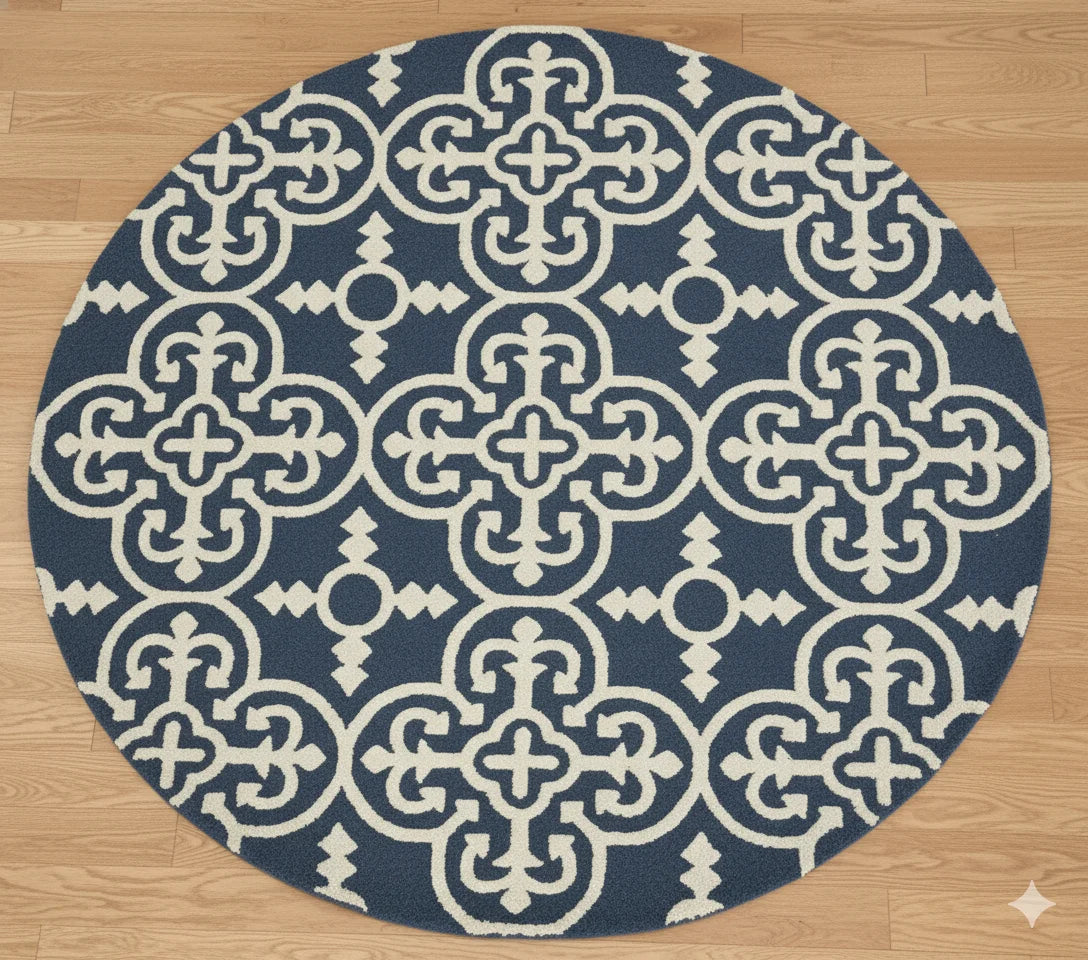 Bold Navy & Ivory Medallion living room Round Area Rug | Modern Geometric Trellis Design Carpet