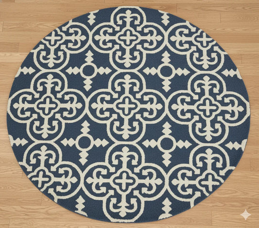 Bold Navy & Ivory Medallion living room Round Area Rug | Modern Geometric Trellis Design Carpet