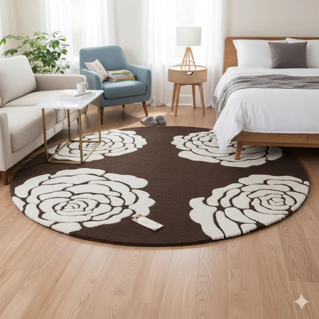 Elegant Brown & White Floral living room Round Area Rug – Soft & Durable Accent Carpet