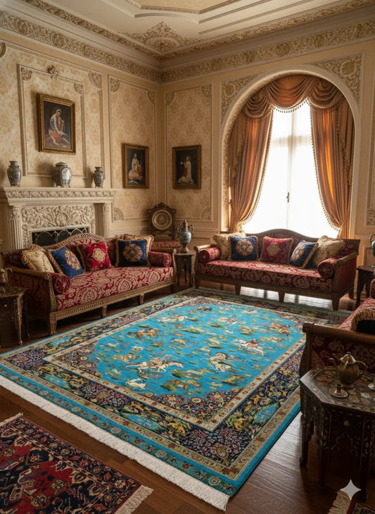 Fine Woven Persian-Style Area Rug with Equestrian and Animal Design
