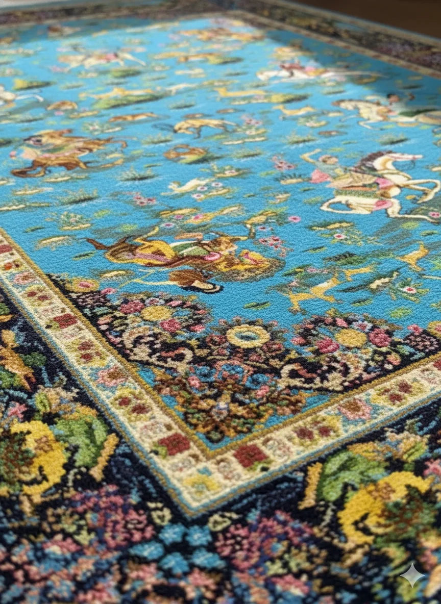 Fine Woven Persian-Style Area Rug with Equestrian and Animal Design