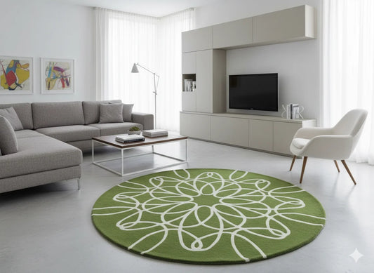 Modern Green Round Rug – Abstract Floral Looping Pattern, Lime Vibrant