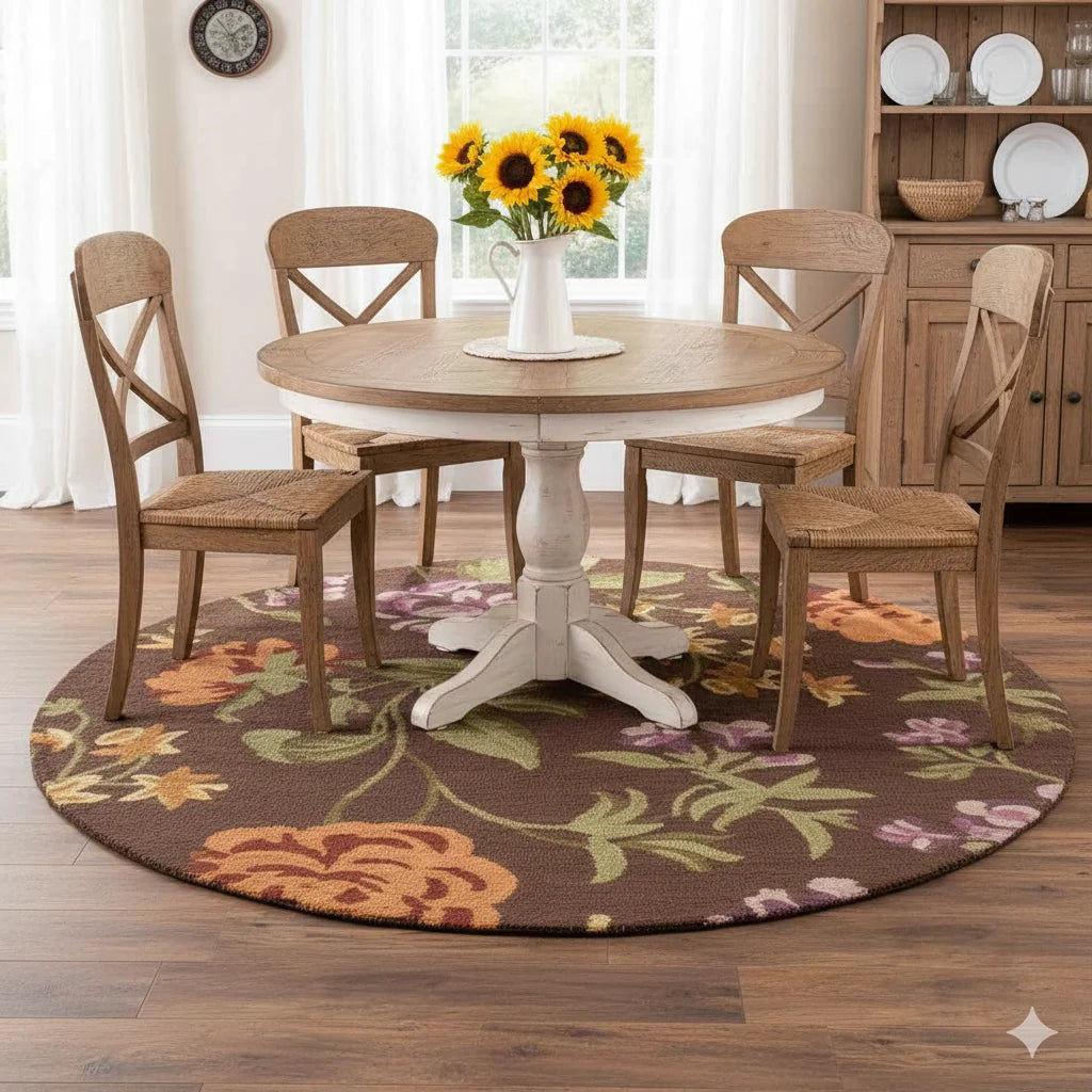Bohemian Floral living room Round Area Rug | Warm Brown, Rust & Ivory Medallion Circle Carpet