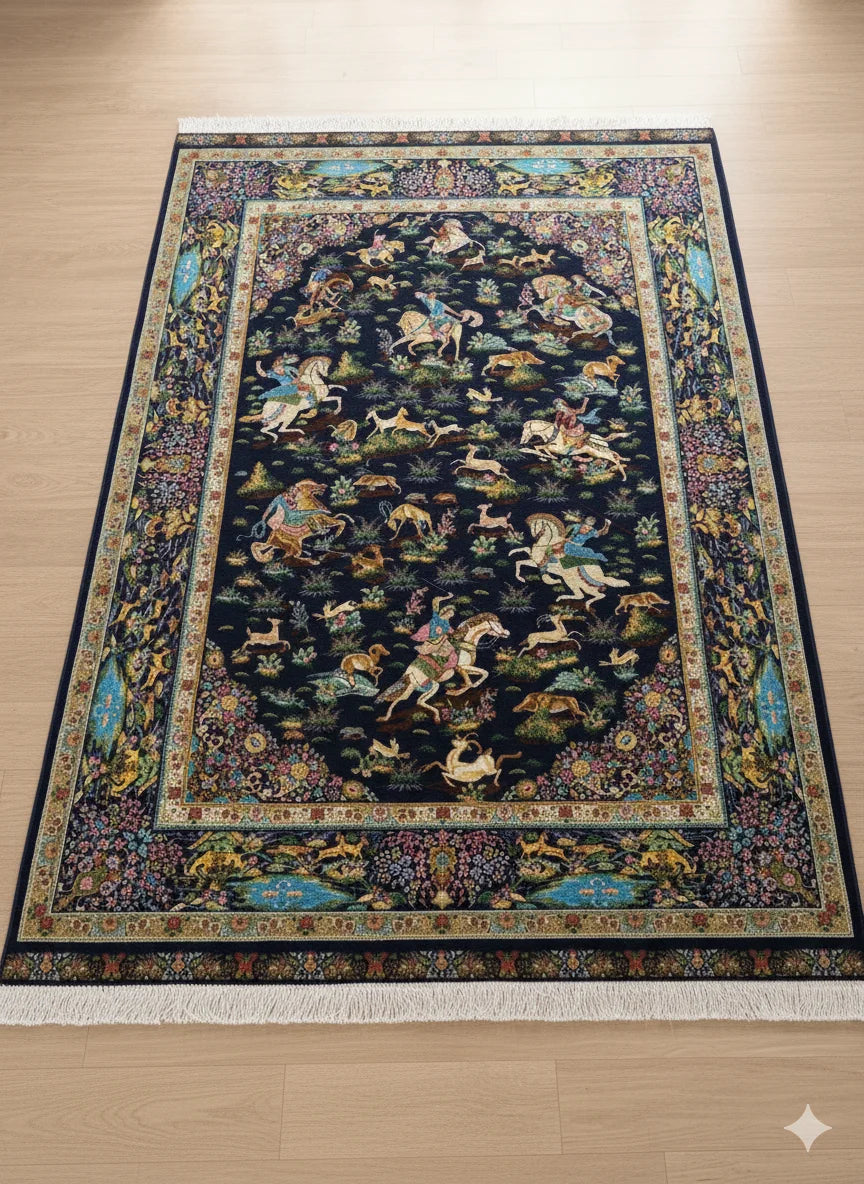 Persian-Inspired Hunting Scene Area Rug – Traditional Navy Blue & Multi-Color Masterpiece