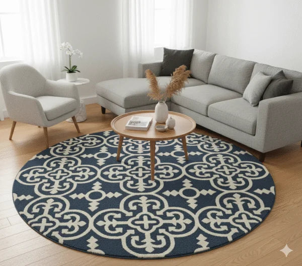Bold Navy & Ivory Medallion living room Round Area Rug | Modern Geometric Trellis Design Carpet