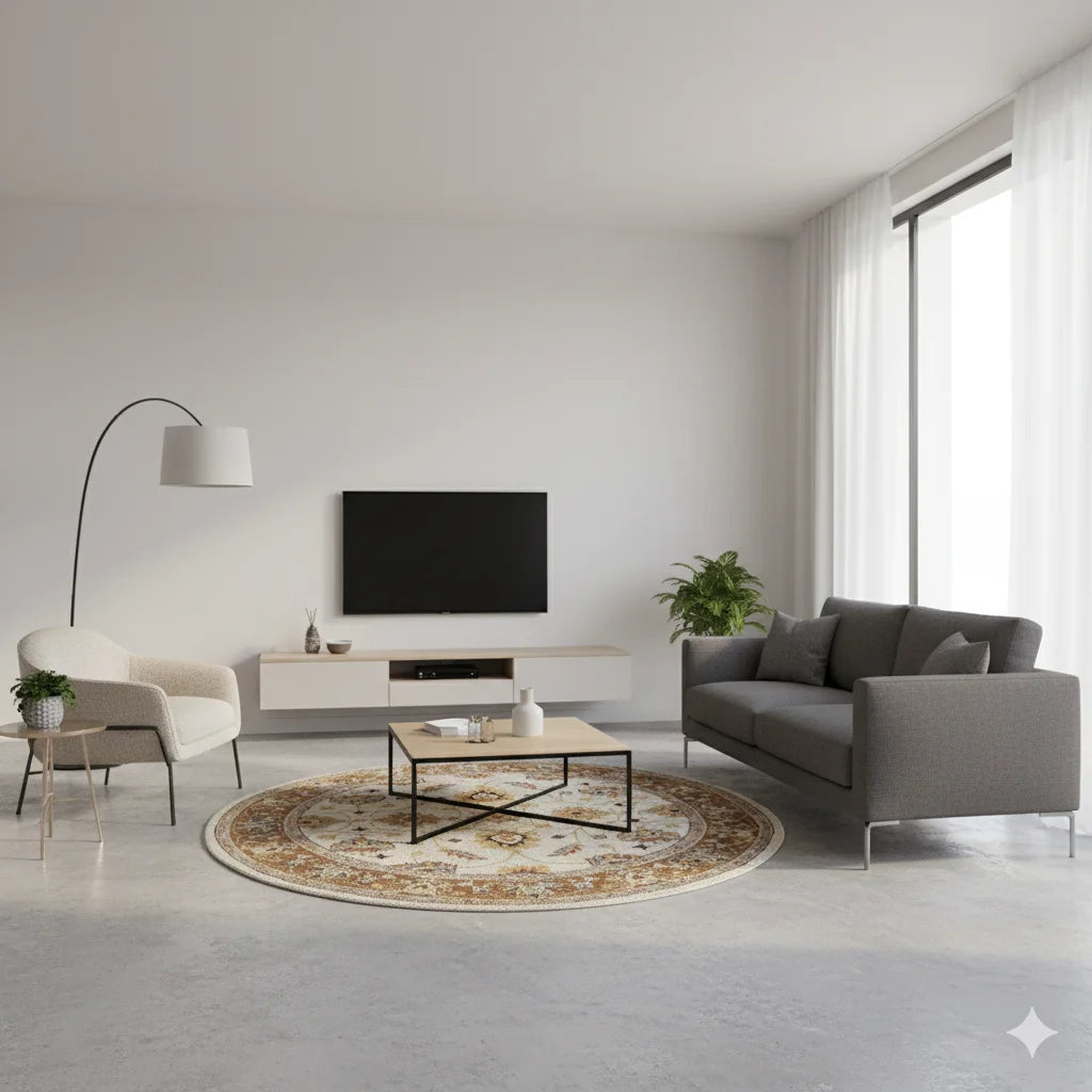 Modern Round Floral Area Rug – Yellow, Grey & Blue Pattern – Soft Living Room Carpet