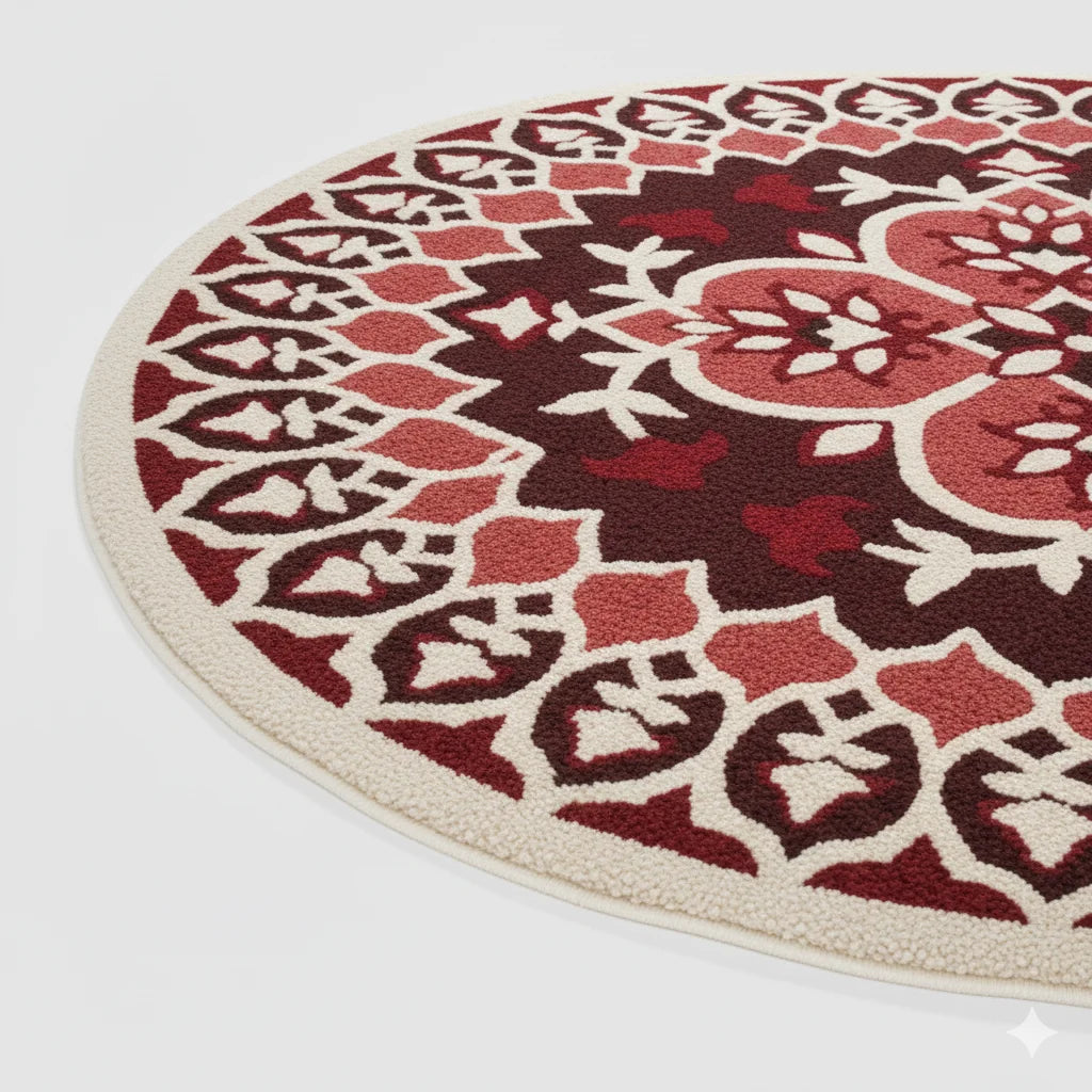 Charming Crimson Medallion Round Area Rug – Elegant Floral Design, Soft & Durable