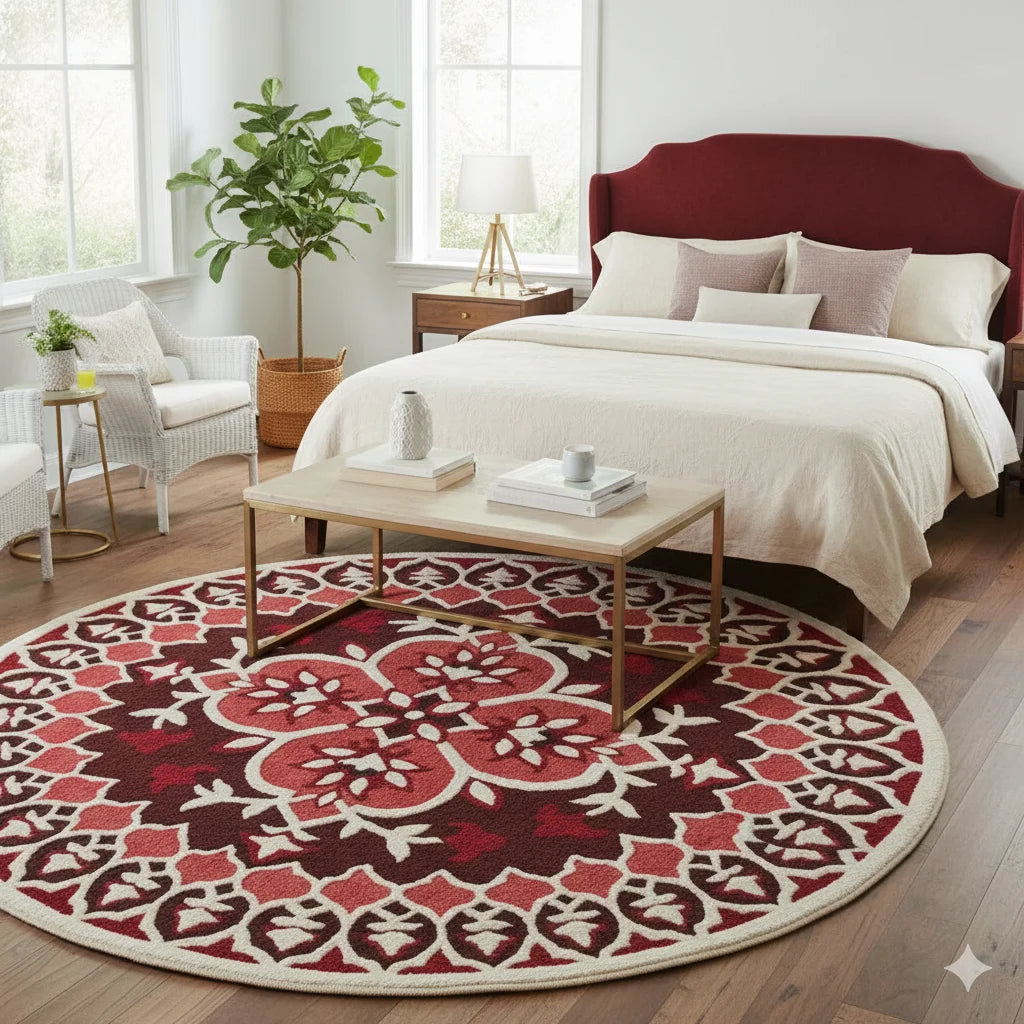 Charming Crimson Medallion Round Area Rug – Elegant Floral Design, Soft & Durable
