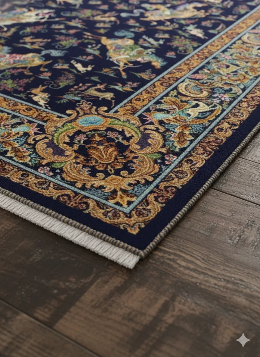 Deep Navy and Gold Traditional Area Rug | Intricate Antique Persian Design | Elegant Frieze Carpet