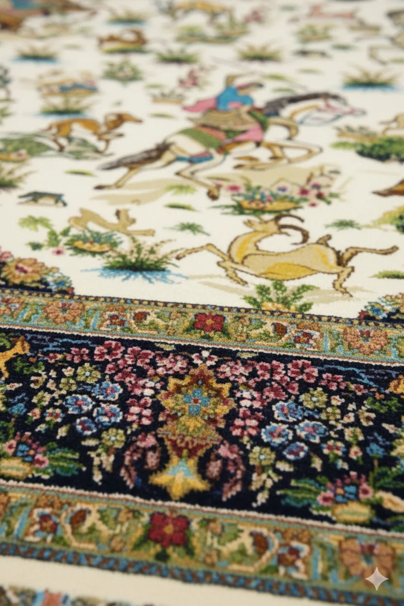 Intricate Hunting Scene Area Rug – Persian Style Medallion & Floral Border Carpet