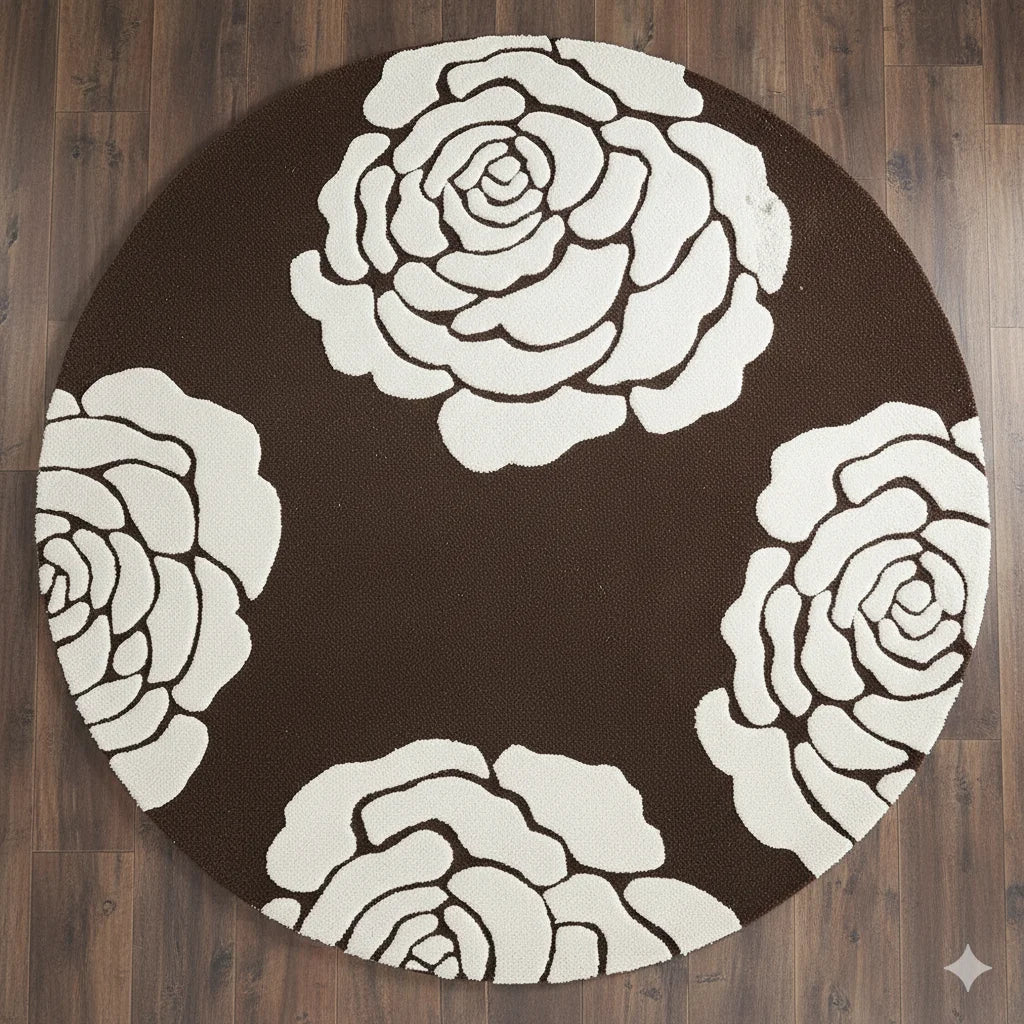Elegant Brown & White Floral living room Round Area Rug – Soft & Durable Accent Carpet