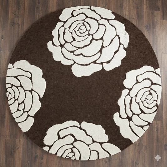 Elegant Brown & White Floral living room Round Area Rug – Soft & Durable Accent Carpet
