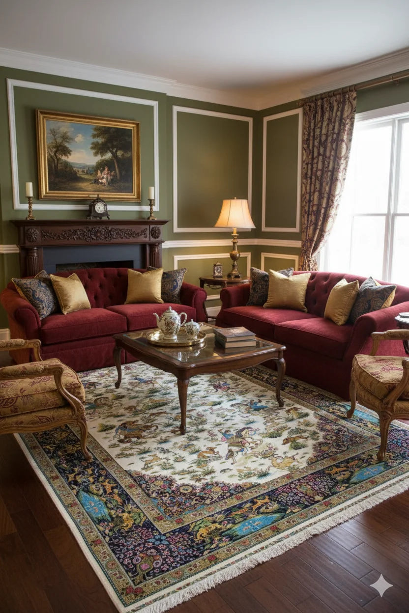 Intricate Hunting Scene Area Rug – Persian Style Medallion & Floral Border Carpet