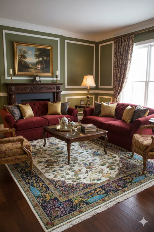 Intricate Hunting Scene Area Rug – Persian Style Medallion & Floral Border Carpet