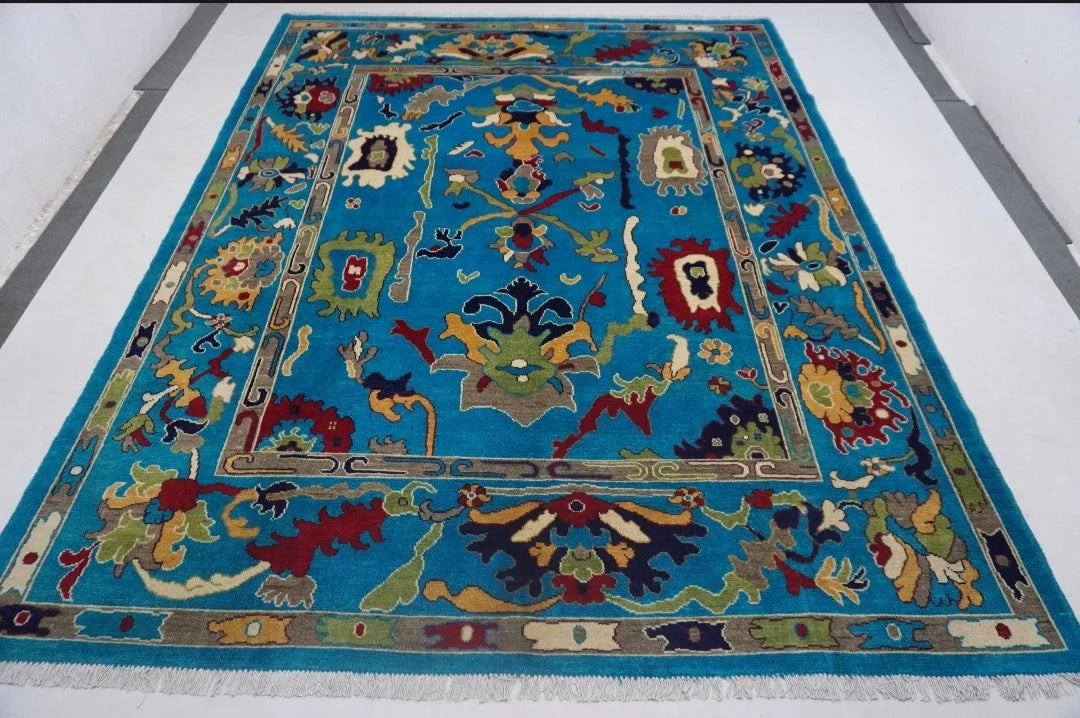 Vibrant Turquoise Floral Hand-Knotted Wool Rug