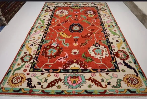 Rust Orange Floral Hand-Knotted Wool Area Rug – Traditional Persian Style