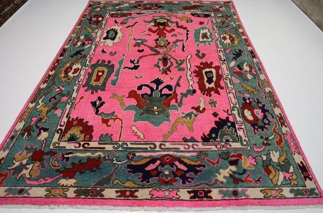 Hot Pink & Teal Hand-Knotted Wool Rug – Contemporary Bohemian Area Rug