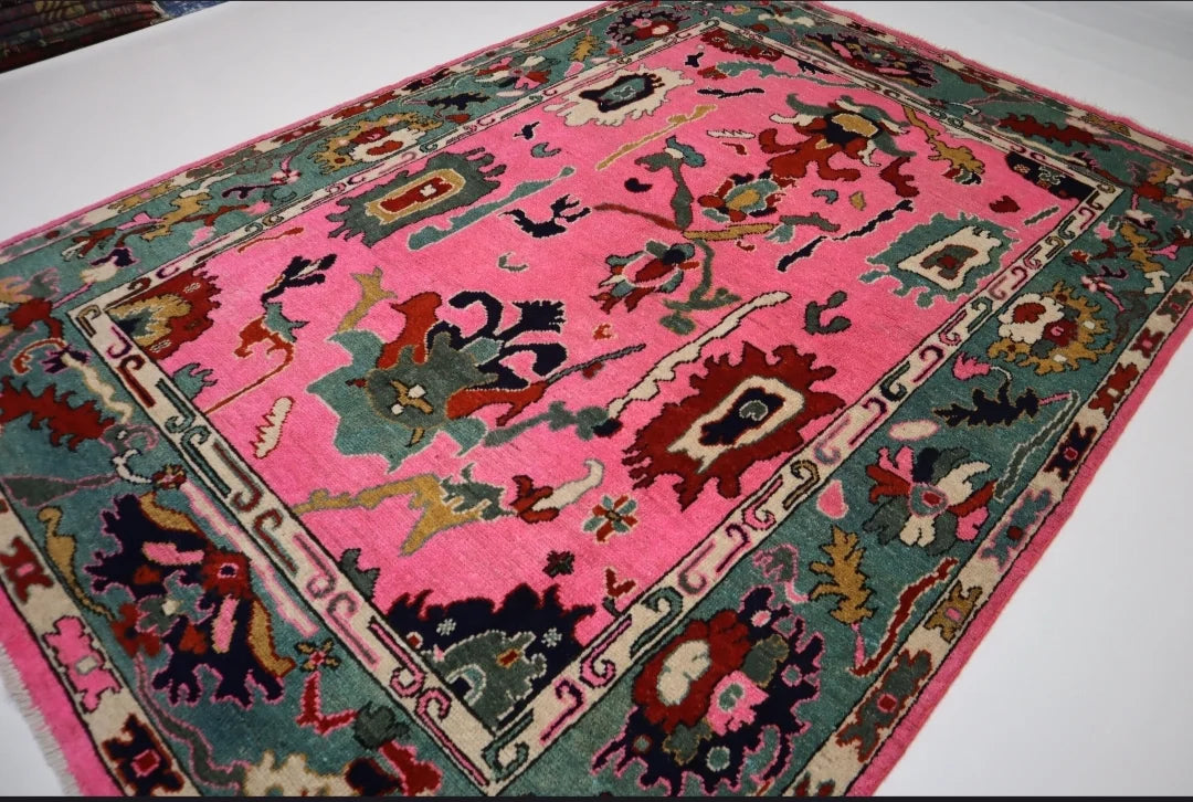 Hot Pink & Teal Hand-Knotted Wool Rug – Contemporary Bohemian Area Rug