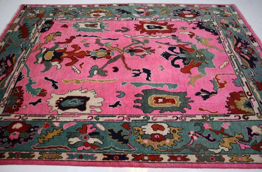 Hot Pink & Teal Hand-Knotted Wool Rug – Contemporary Bohemian Area Rug