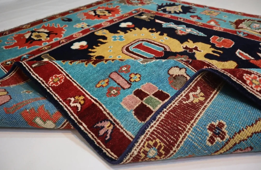 Navy Blue & Aqua Hand-Knotted Wool Rug – Traditional Tribal Design