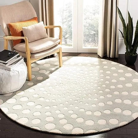Modern Grey & Ivory Round Area Rug – Hand-Tufted Wool Circle Carpet with Bubble Dot Design