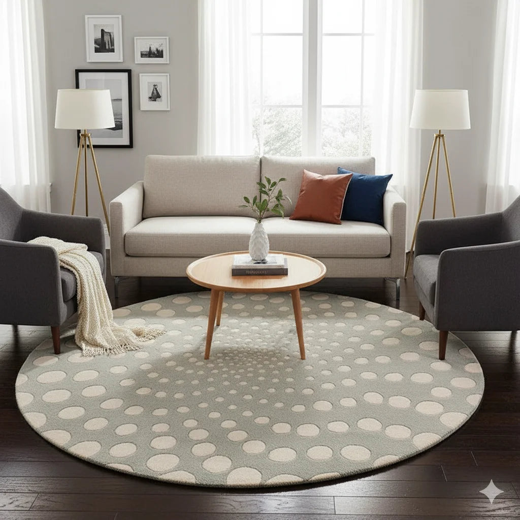 Modern Grey & Ivory Round Area Rug – Hand-Tufted Wool Circle Carpet with Bubble Dot Design