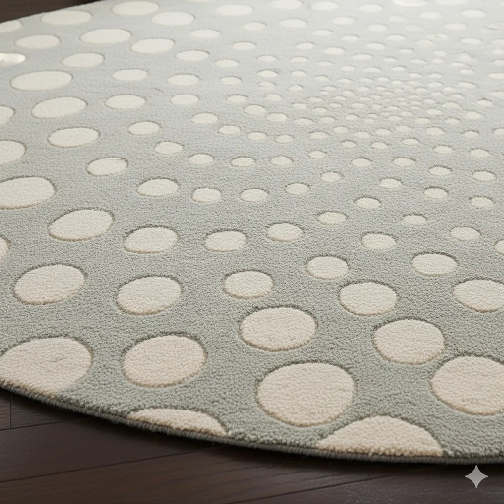Modern Grey & Ivory Round Area Rug – Hand-Tufted Wool Circle Carpet with Bubble Dot Design