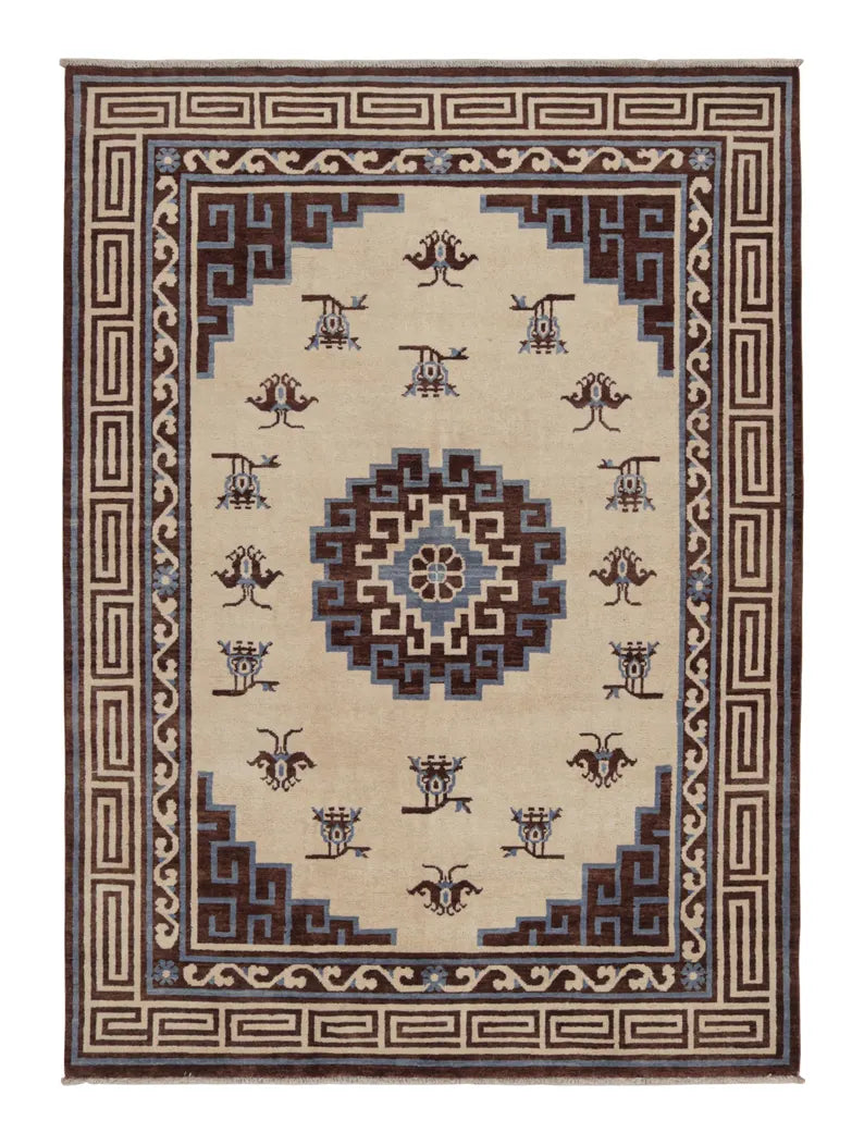 Handmade Tibetan Wool Rug – Traditional Geometric Brown & Blue Oriental Carpet for Living Room & Home Décor
