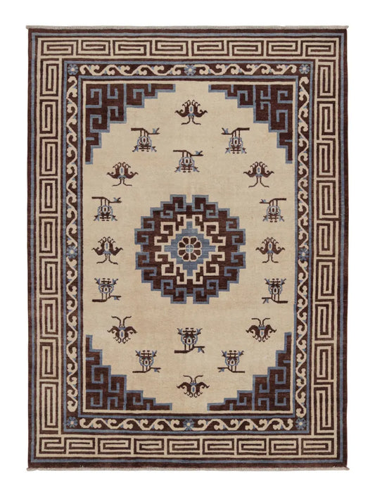 Handmade Tibetan Wool Rug – Traditional Geometric Brown & Blue Oriental Carpet for Living Room & Home Décor