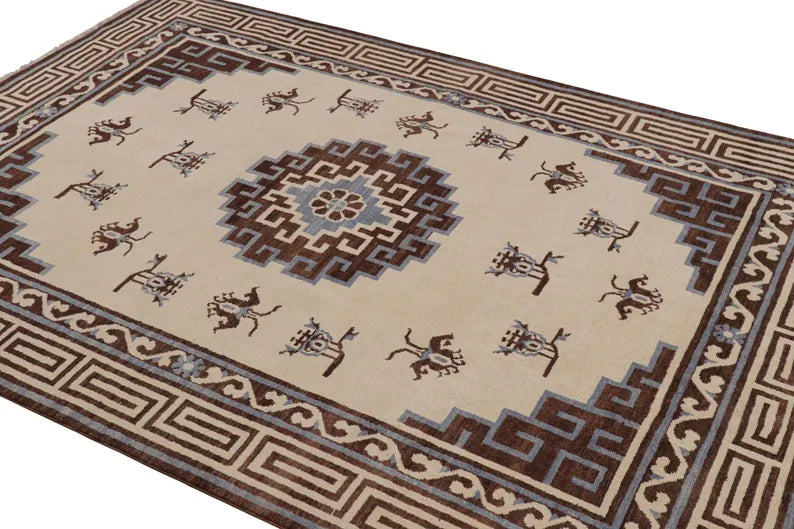 Handmade Tibetan Wool Rug – Traditional Geometric Brown & Blue Oriental Carpet for Living Room & Home Décor